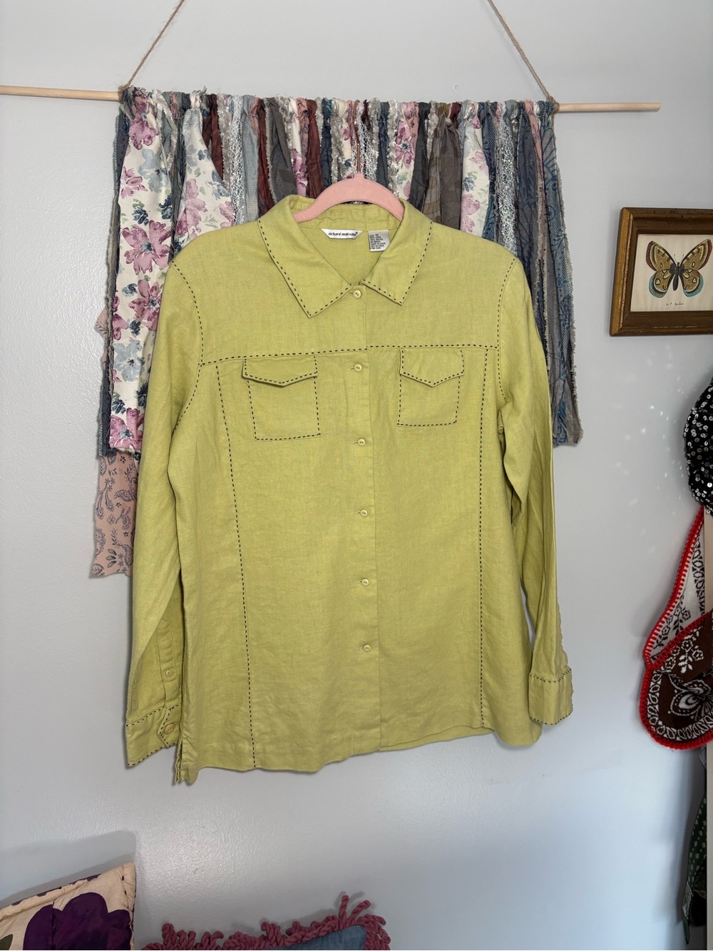 Richard Malcom linen shirt in a beautiful sage green color with black embroidery